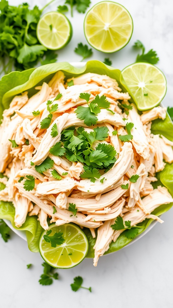 A bowl of Zesty Cilantro Lime Chicken Salad topped with fresh cilantro and lime slices