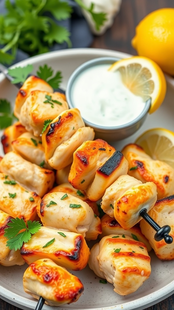 Delicious chicken kabobs with lemon and yogurt dip garnished with herbs.