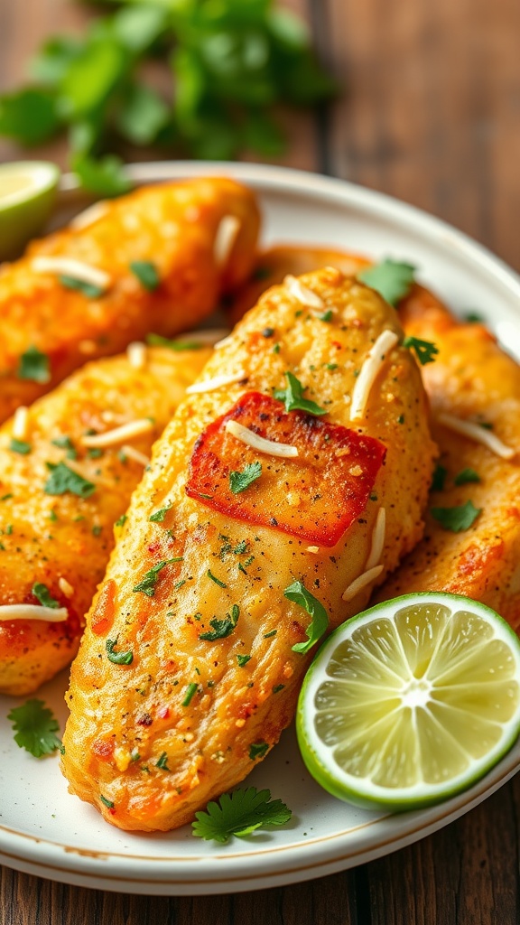 A plate of crispy chicken tenders garnished with cilantro and served with lime wedges.