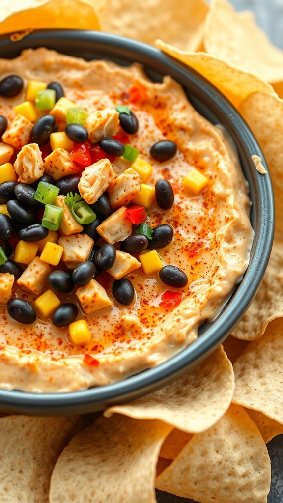 A bowl of Zesty Southwest Chicken Dip topped with chicken, black beans, corn, and peppers, surrounded by tortilla chips.