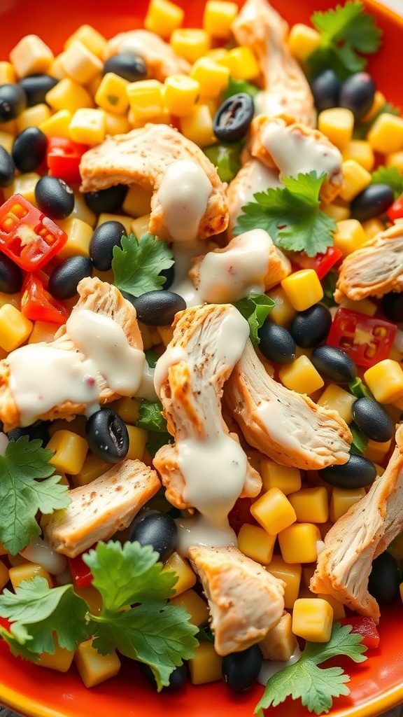 A colorful bowl of Zesty Southwest Chicken Salad featuring shredded chicken, black beans, corn, diced peppers, and cilantro.