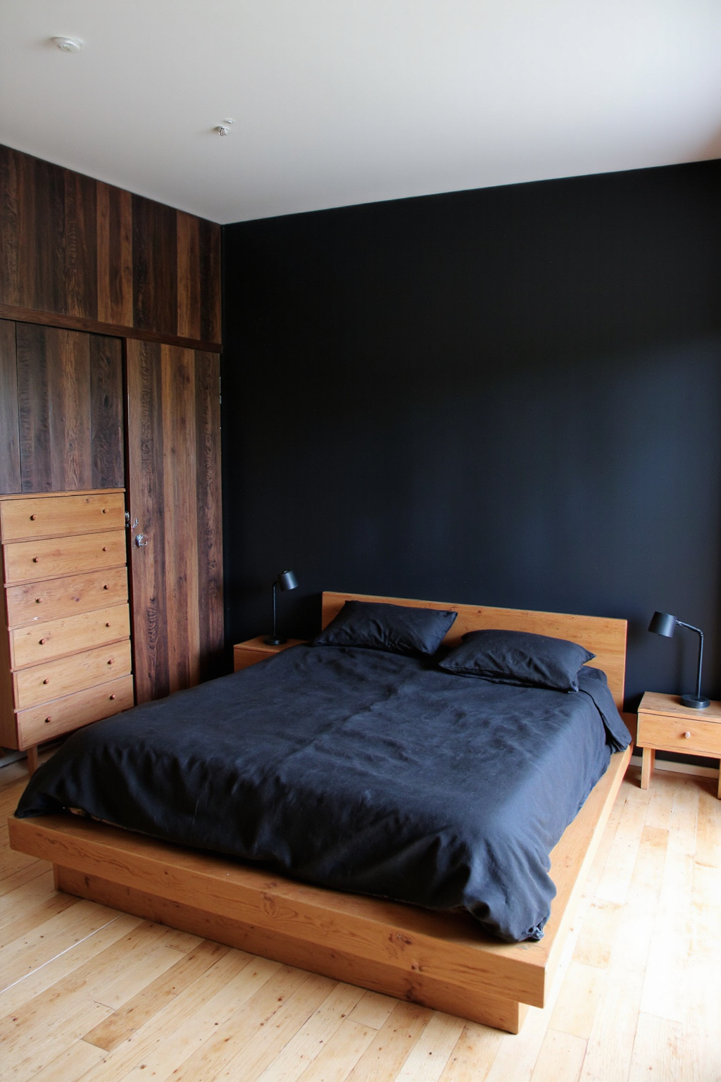 black walls bedroom, black bedroom, grey bedroom styling, black bedroom aesthetic, black bedrooms