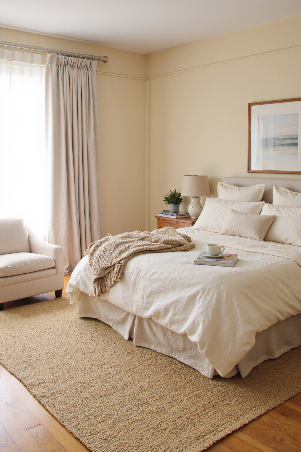 beige bedroom decor, beige bedroom, beige bed decor ideas, white and beige bedroom, beige bedframe bedroom ideas
