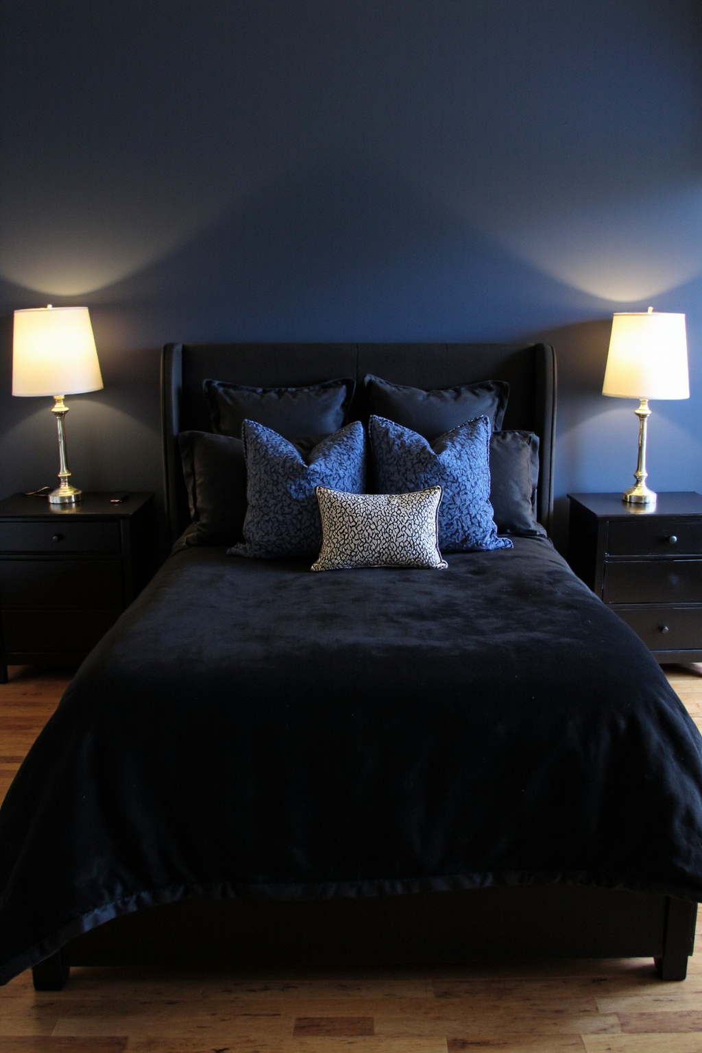 black bedroom design, black bedroom decor, black room, black bed, dark and moody bedroom