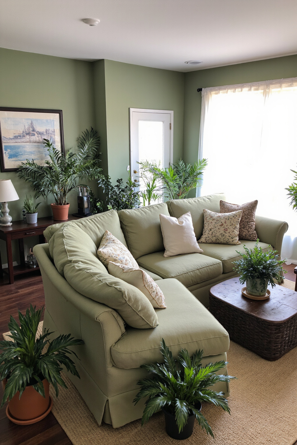 sage green living room ideas, sage living room, sage green couch, sage furniture living room, green walls living room