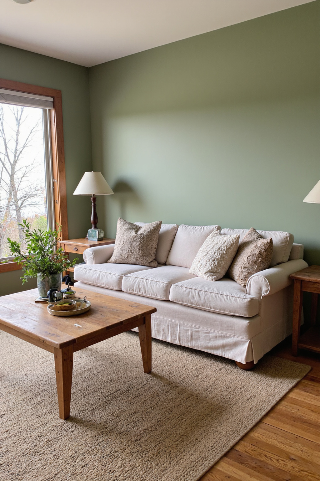 green living room decor, green living room ideas, sage wall living room ideas, sage walls living room, sage green and oak living room
