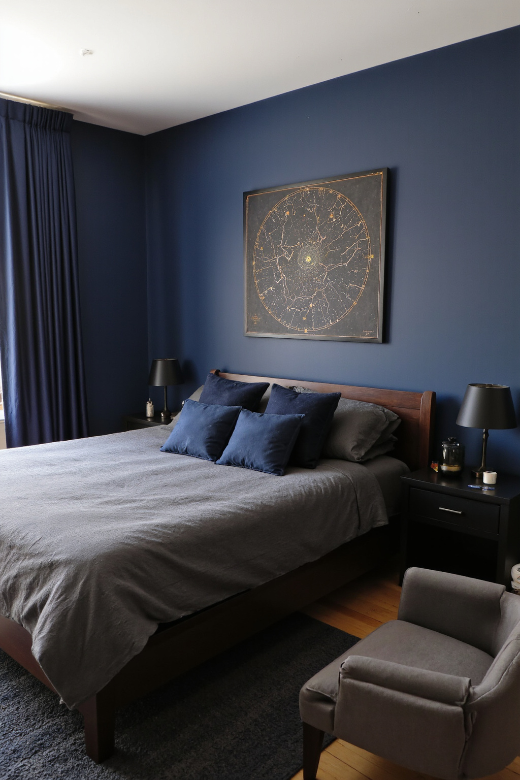 blue bedroom ideas, blue bedroom decor, blue bedroom eclectic, blue bed bedroom ideas, dark blue walls