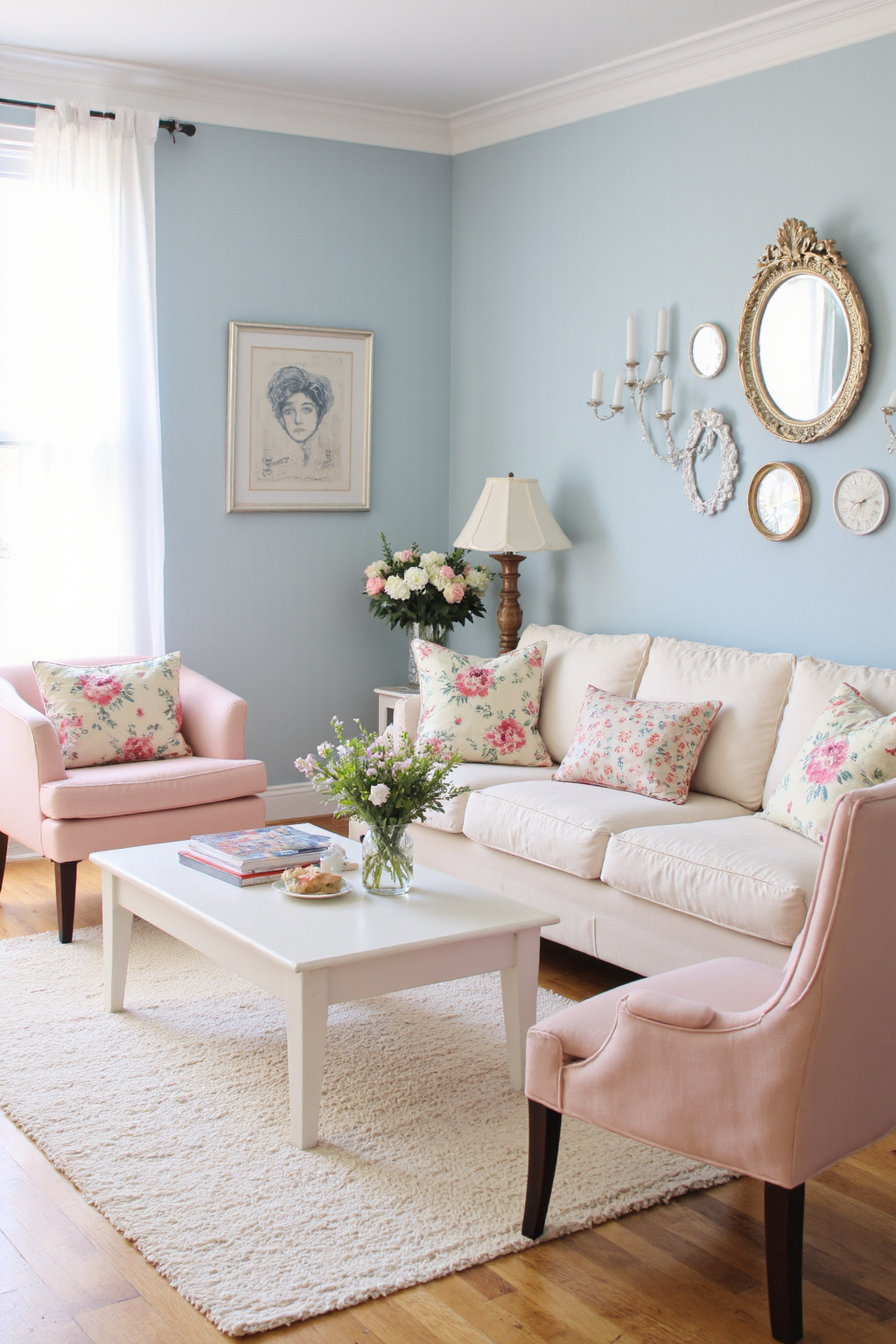 light blue living room, white living room, light blue curtains, light blue sofa, bright masculine living room