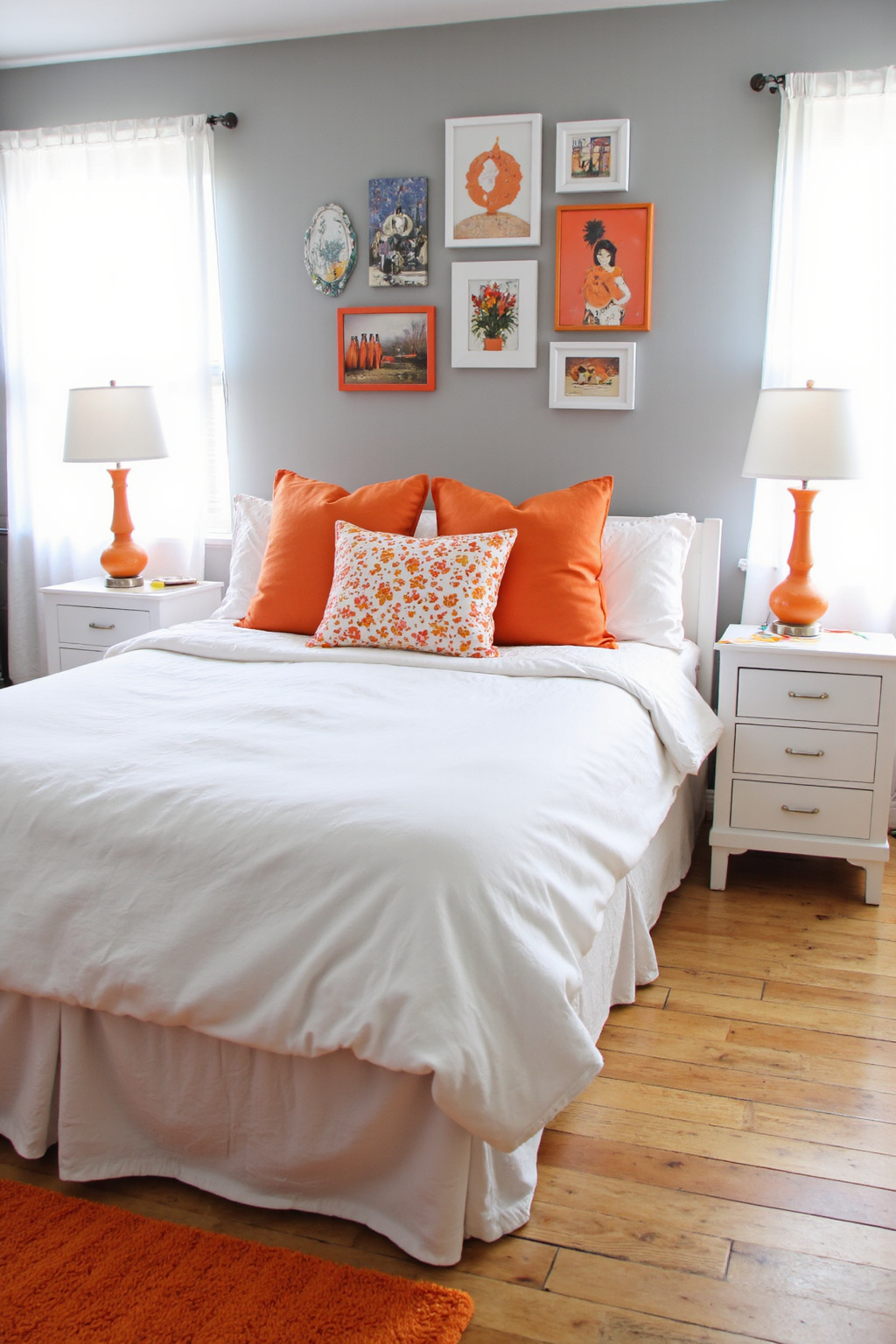 bedroom orange, burnt orange bedroom, light orange bedroom, sage green bedroom, orange accent walls