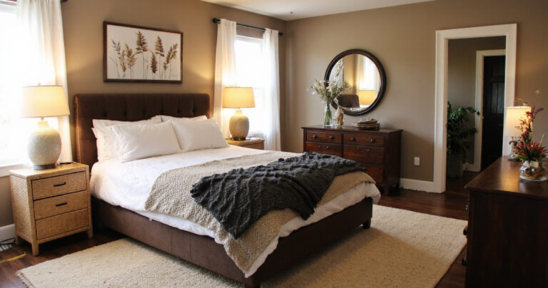 taupe bedroom, taupe bedroom ideas, neutral bedrooms, moody taupe bedroom, brown bedroom ideas