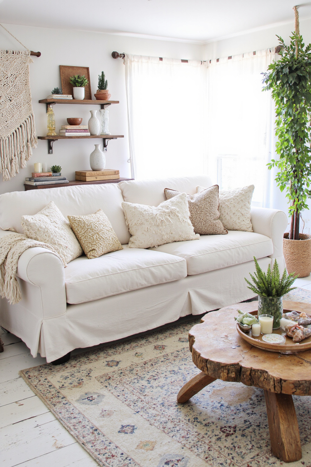 boho living room, boho living room decor ideas, earthy living room, boho and farmhouse decor, boho floating shelf decor living room