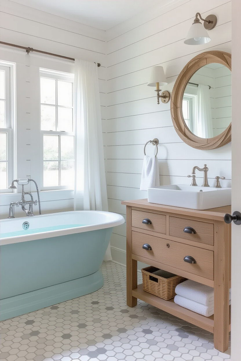 coastal cottage bathroom, beachy bathroom, coastal farmhouse decor, coastal wood decor, coastal cottage bathroom decor