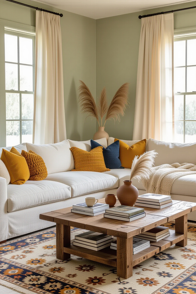 cosy living room, earthy living room, living room cosy rugs, cosy living room brown sofa, earthy boho living room