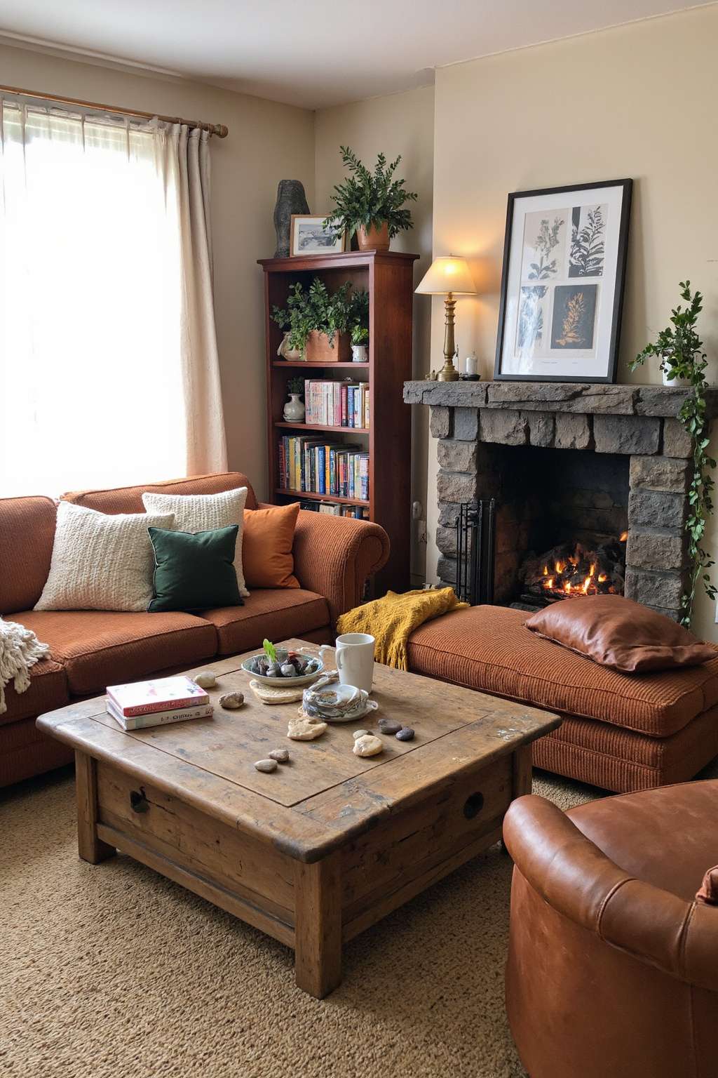 cozy living room warm, earthy living room, stone fireplace living room ideas, living room warm, lounge room styling