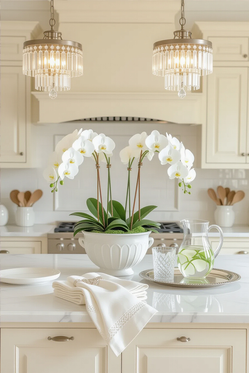 elegant kitchen island decor, kitchen island decor, breakfast island decor, kitchen island wood bowl deco, kitchen island centerpiece