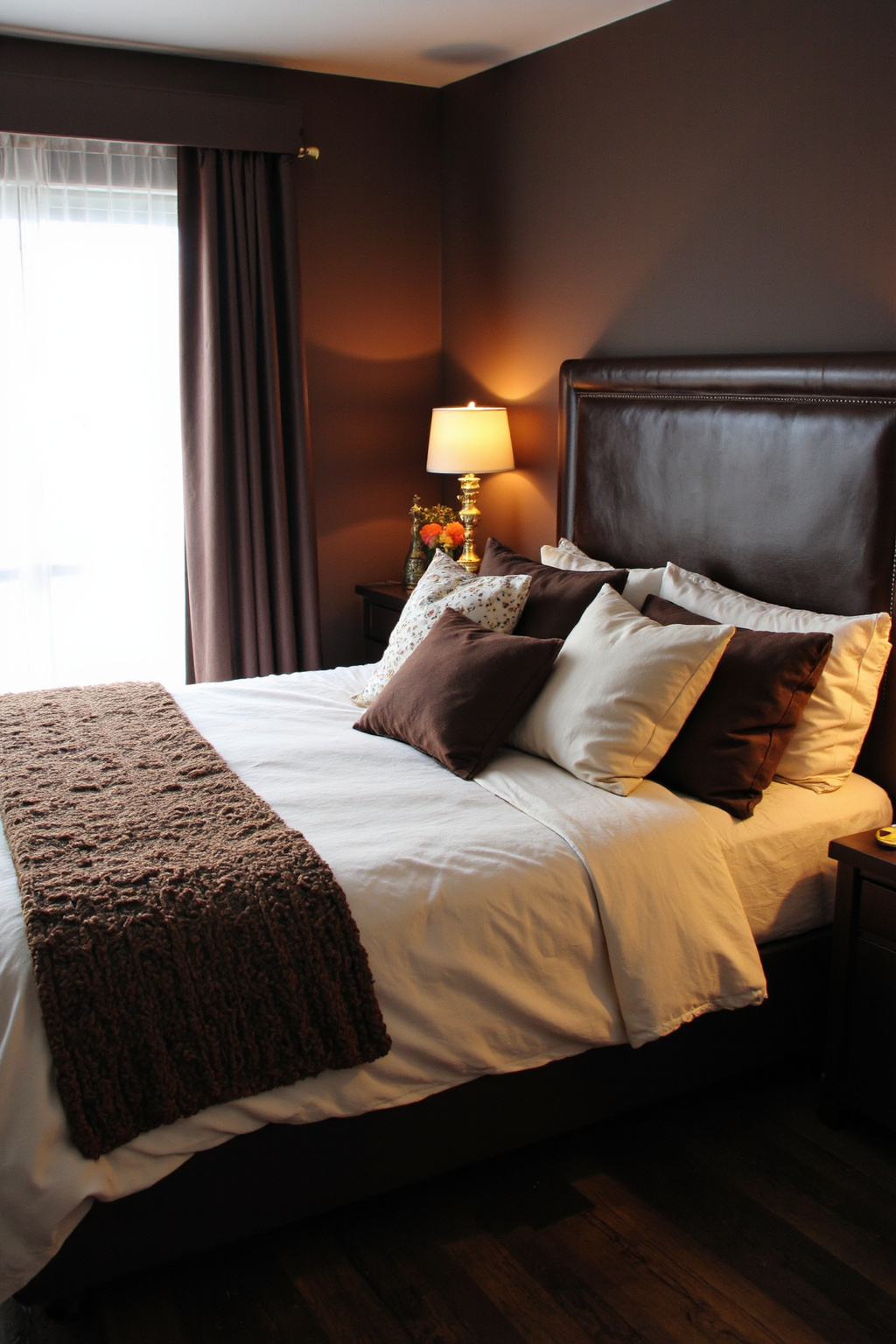 cozy bedroom ideas, calming bedroom colors, rich color bedroom ideas, bedroom desert tones, plush bedding