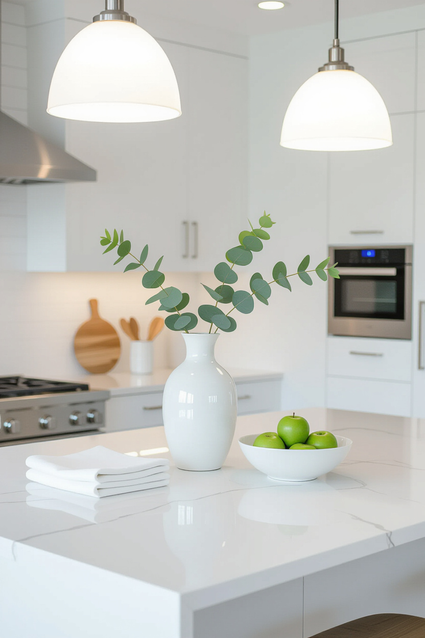 countertop decor, elegant kitchen island decor, white kitchen island, kitchen countertop decor, kitchen island