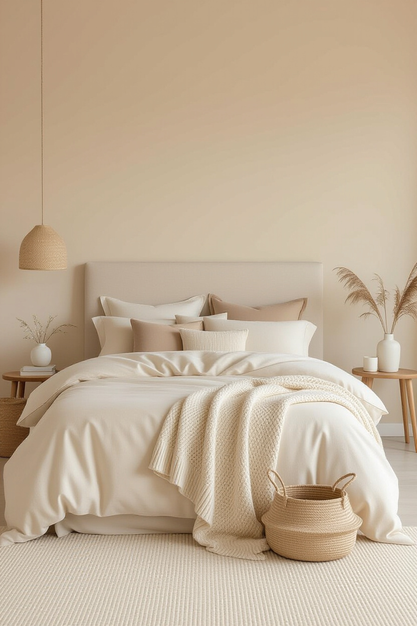 bedroom, neutral paint colors, cozy bedroom, beige tones bedroom, warm bedroom