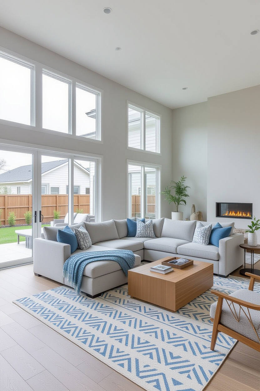 apartment living room design, living room design ideas, blue living room decor, double height living room wall design, modern luxury living room