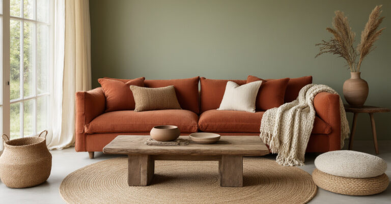 earthy living room, earth tone living room, earthy tones living room, earthy home decor, earthy retro living room