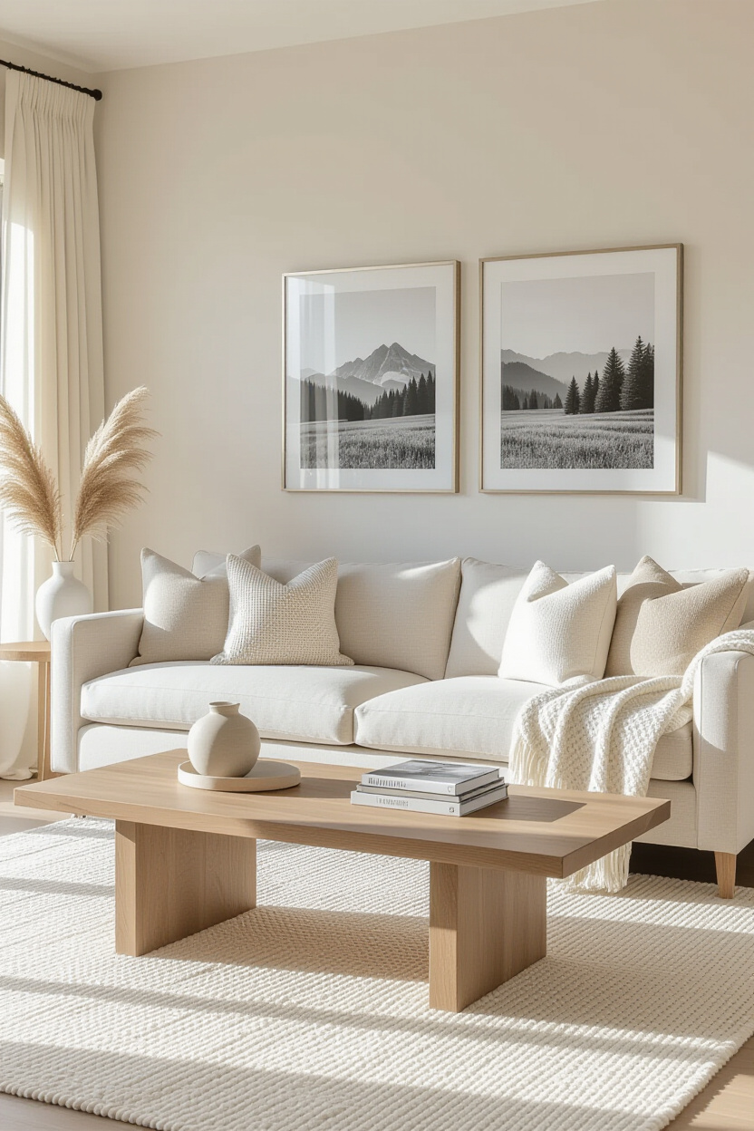 neutral living room, coastal living room, beige accent wall living room, warm beige living room, dark couch neutral living room