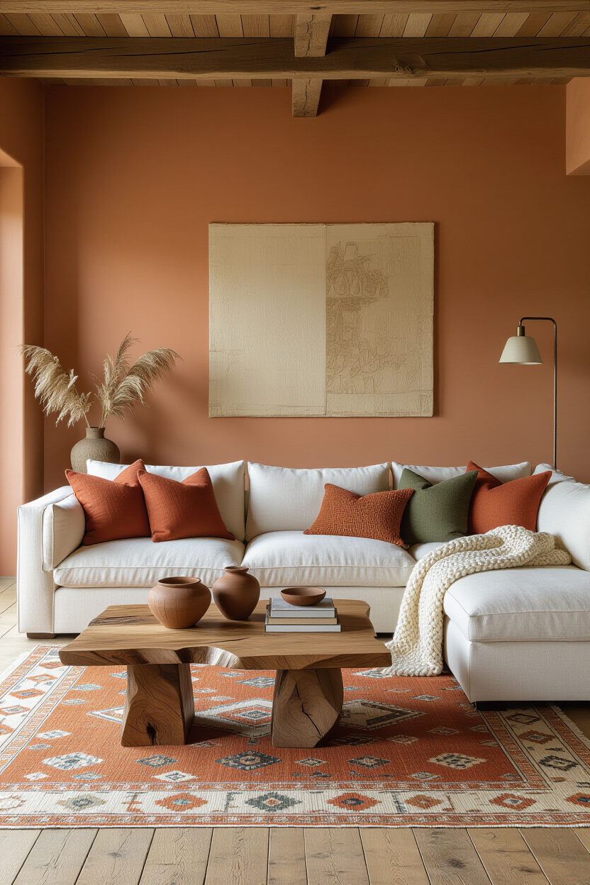 earthy retro living room, earth tone living room, boho living room decor, earth tone living room decor cozy, earthy old world living room
