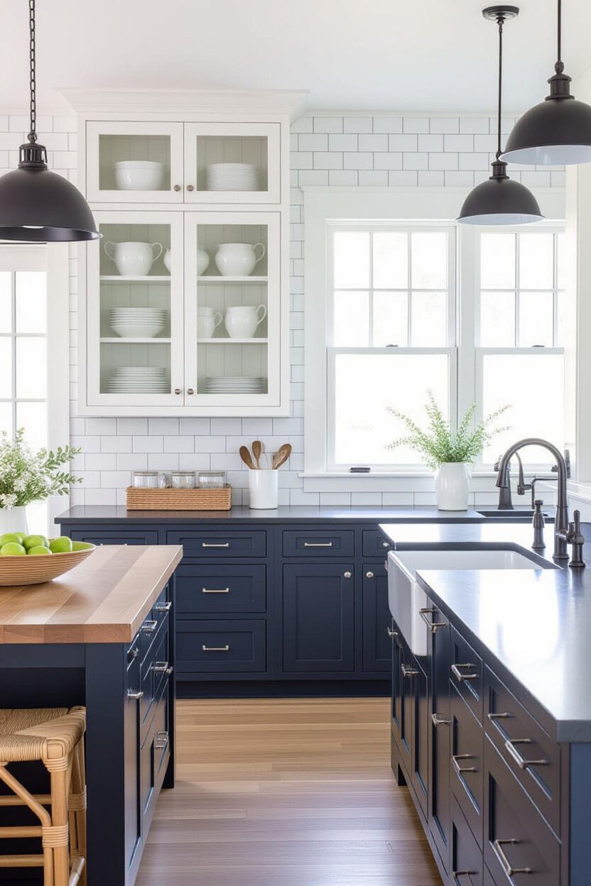 white upper cabinets, two tone kitchen, grey kitchen cabinets, half blue kitchen cabinets, greenish kitchen cabinets