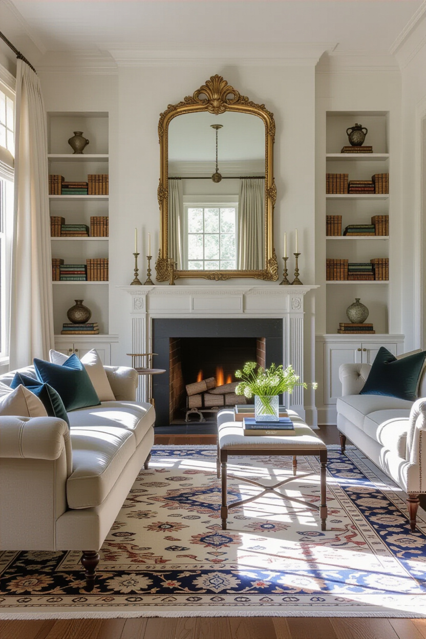 elegant living room decor, elegant living room, ornate gold mirror living room, earthy living room, modern luxury living room