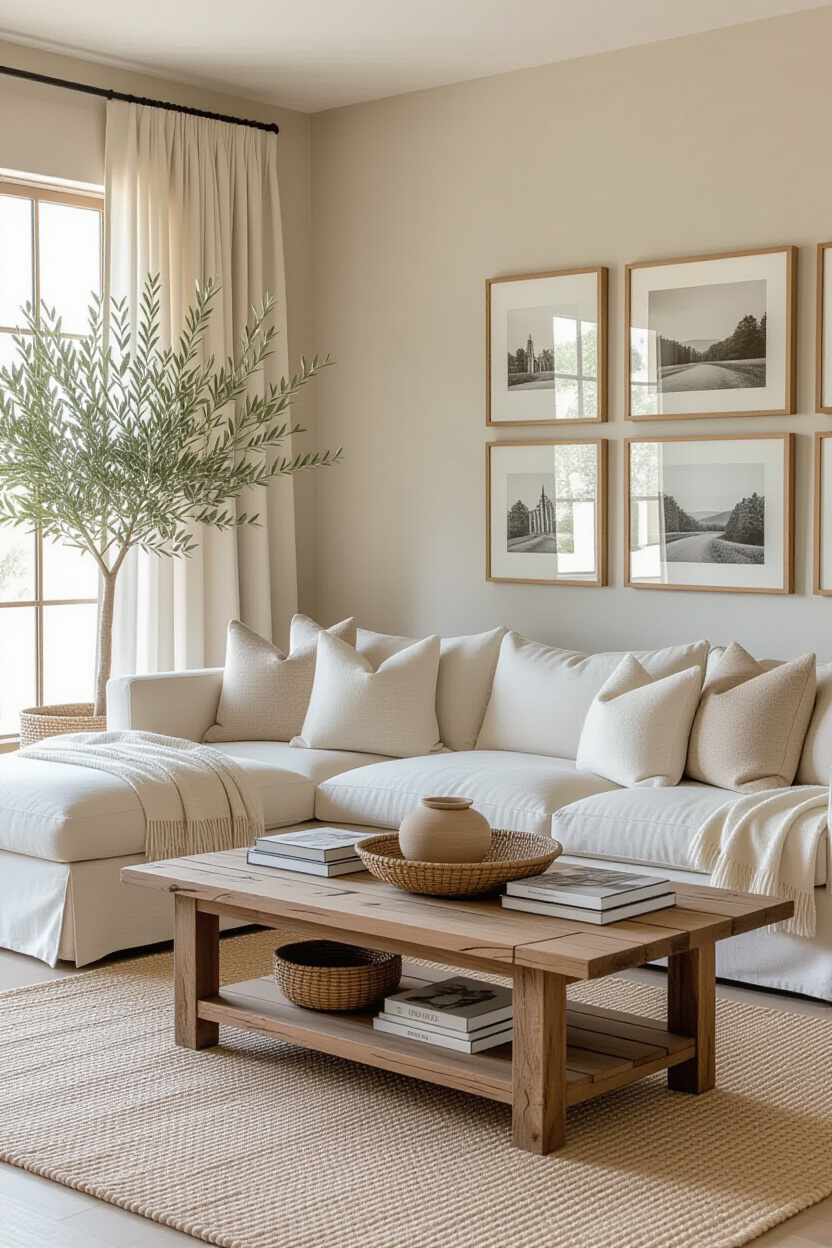 neutral living room, beige living rooms, earthy living room, modern coastal living room sectional, neutral and charcoal living room