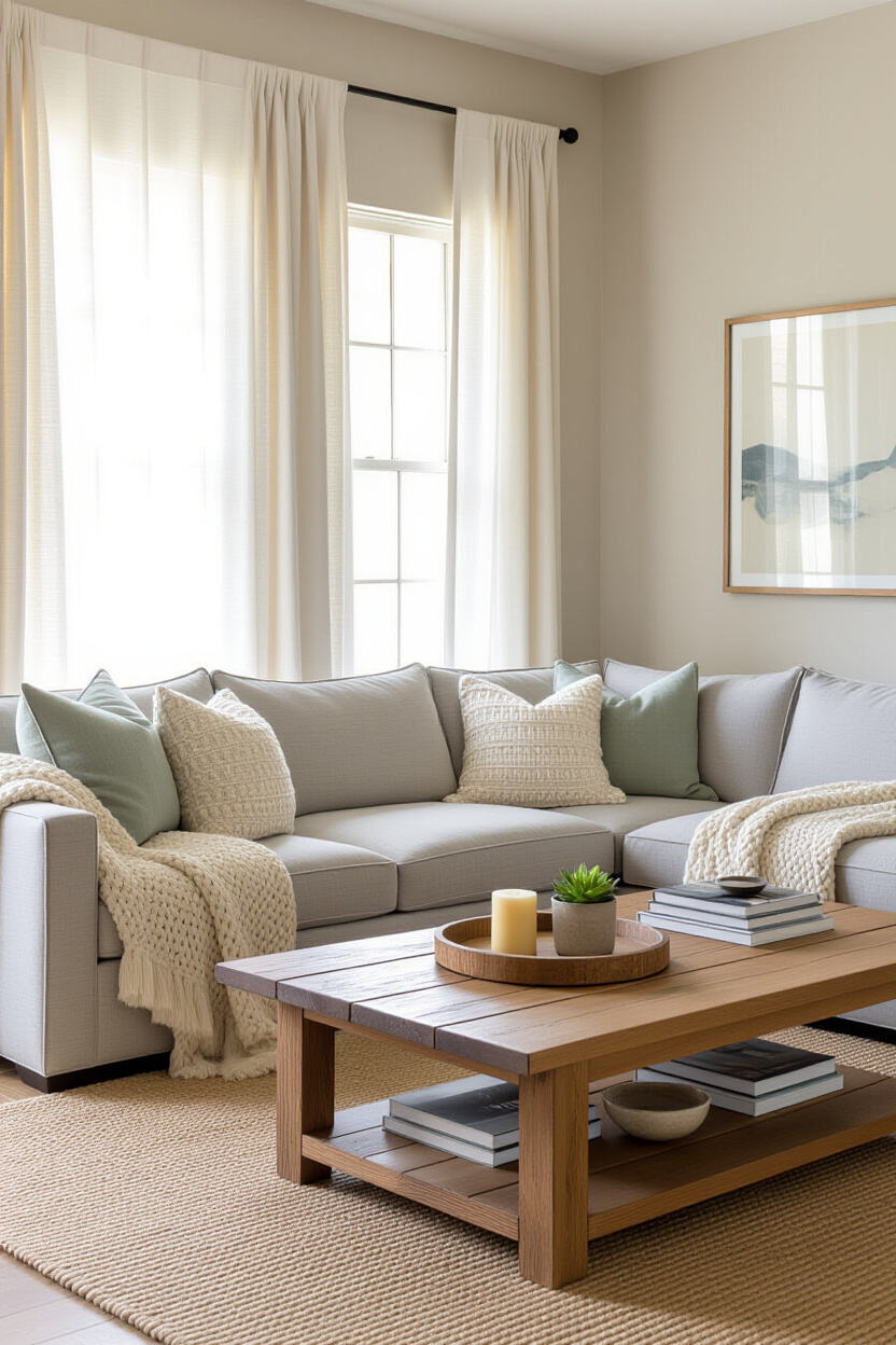 neutral living room, beige living rooms, family room inspo cozy, small living room, living room colors