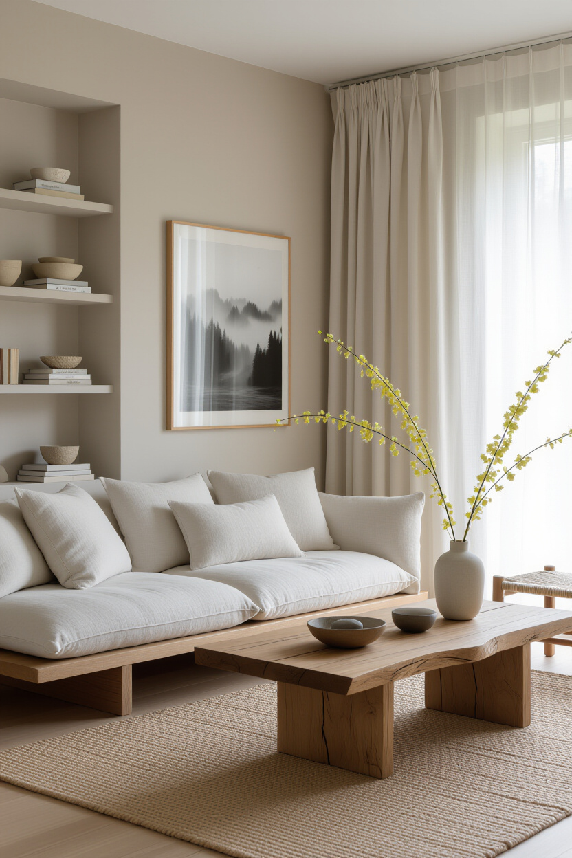 japandi interior design, japandi living room design, plant living room aesthetic modern, japandi small living room, scandinavian japandi living room