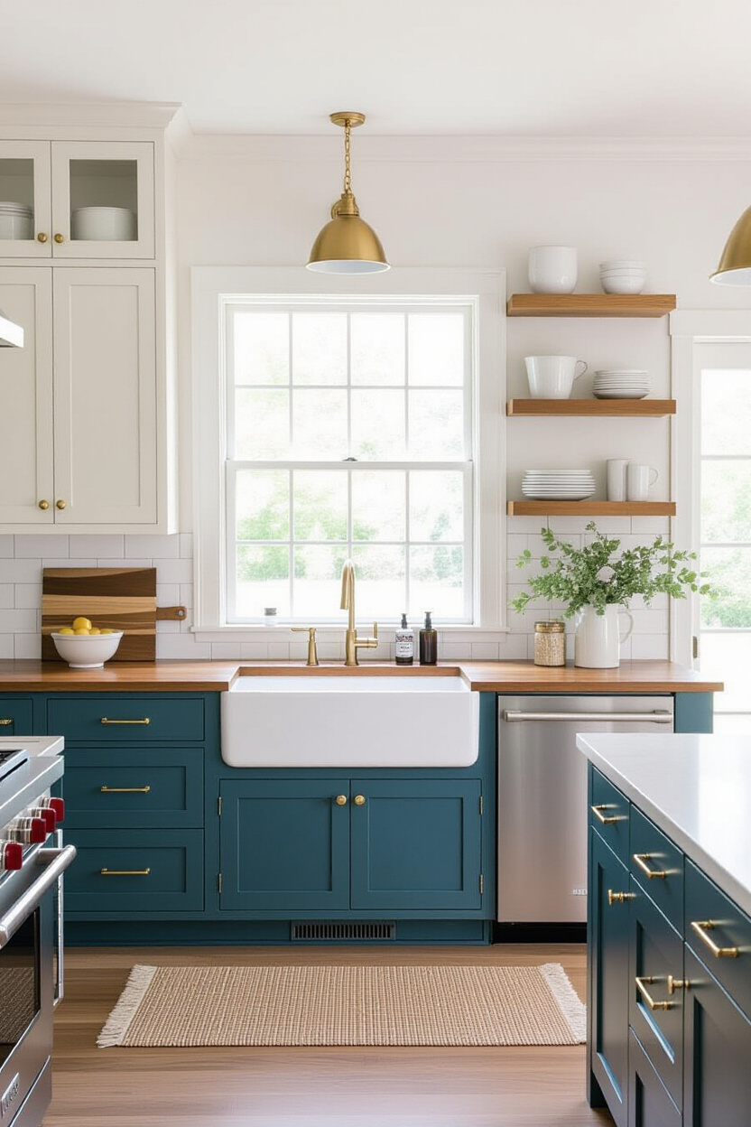 white upper cabinets, two tone kitchen cabinets, dual color kitchen cabinets, two color kitchen cabinets, white kitchen with painted cabinets
