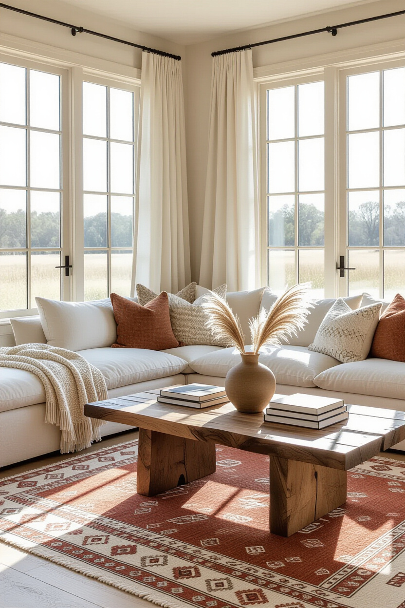 earthy retro living room, earth tone living room, earthy decor living room, living room cozy minimalist, cosy open plan kitchen living room