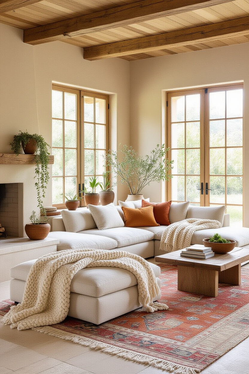earthy retro living room, earthy living room, earthy lounge room ideas, cosy open plan kitchen living room, cute earthy living room