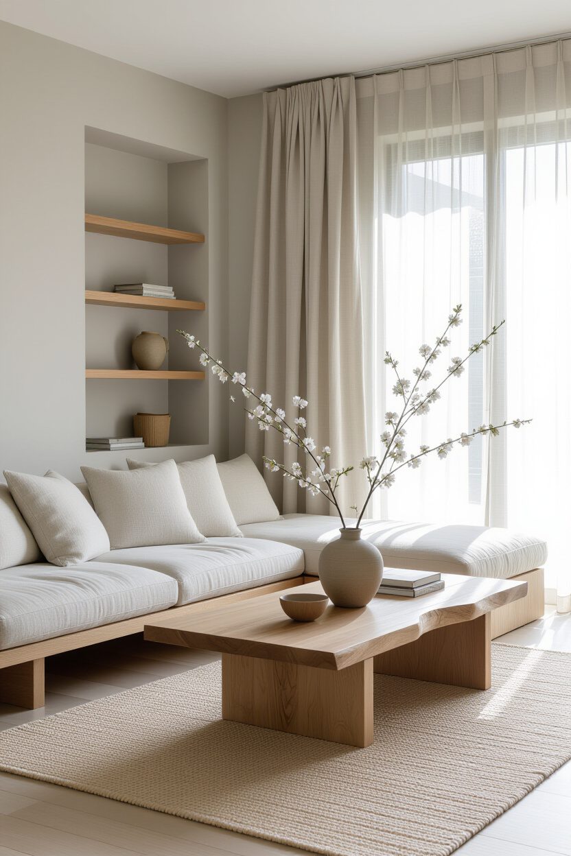 japandi living room, japandi interior design, japandi style living room, home design living room, japandi living room wallpaper
