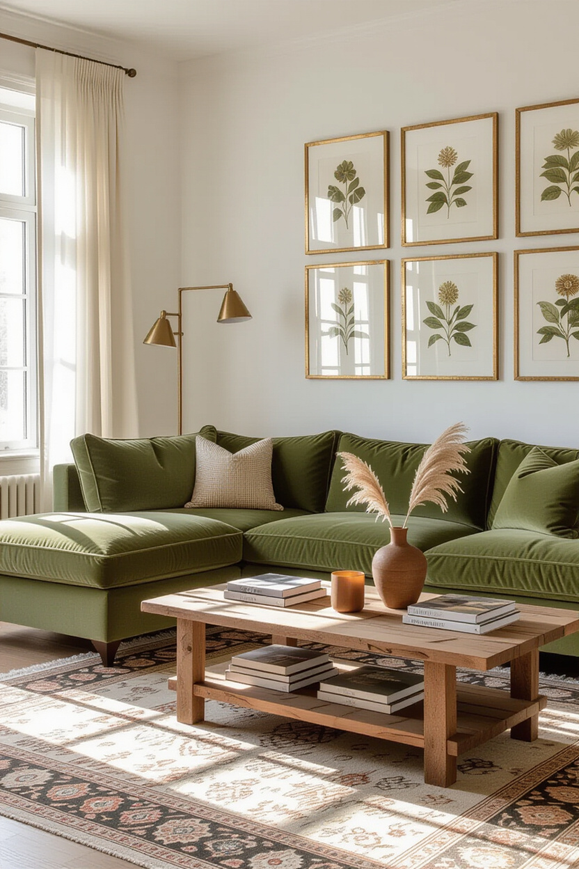 dream apartment decor, apartment decor inspiration, green sofa aesthetic living room, colored living room, aesthetic tv room