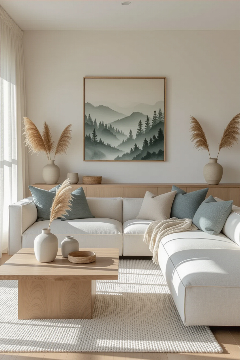 japandi living room, japandi decor, plant living room aesthetic modern, japandi living room decor, grey sofa japandi living room
