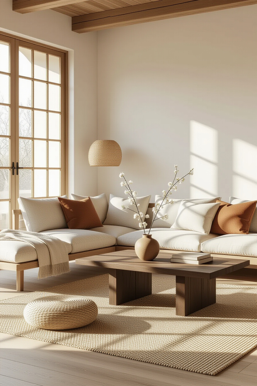 japandi living room design, japandi living room, japandi inspired living room, grey sofa japandi living room, living room japandi