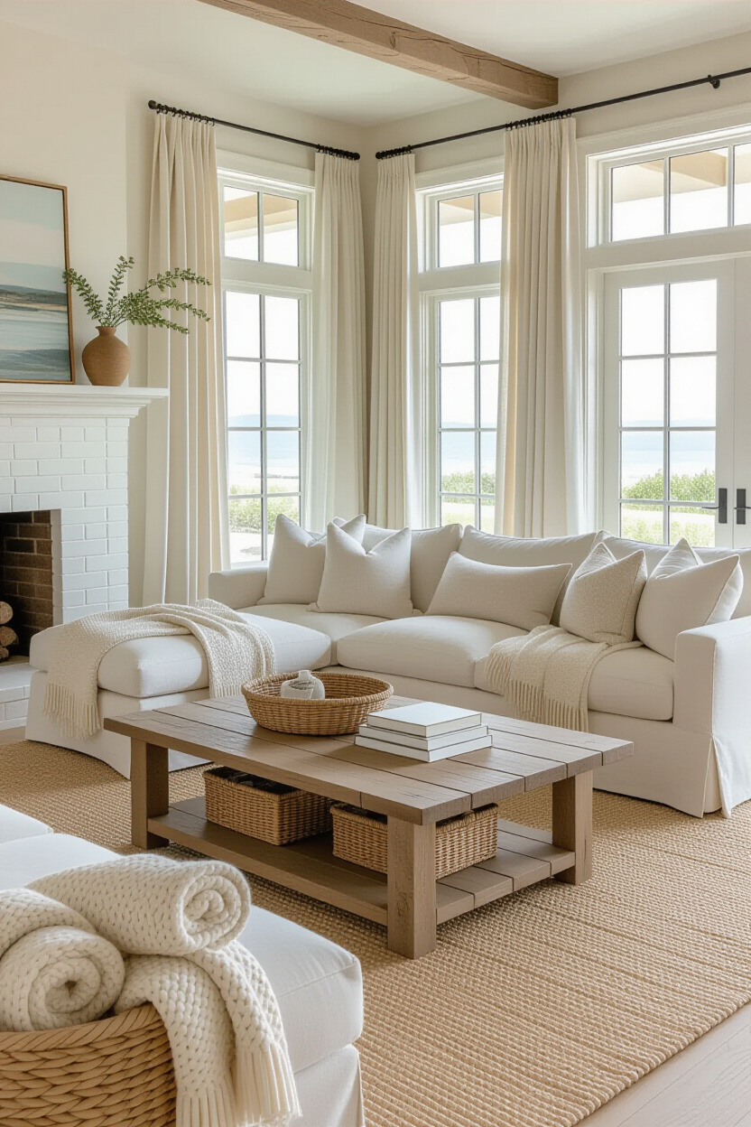 coastal living room, neutral living room ideas, coastal modern living room, beach house interior, family room inspo cozy