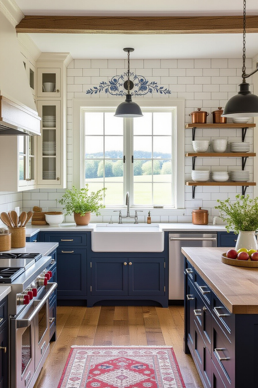 two tone kitchen, two tone kitchen cabinets, white oak kitchen, natural wood and green kitchen cabinets, two tone blue cabinets