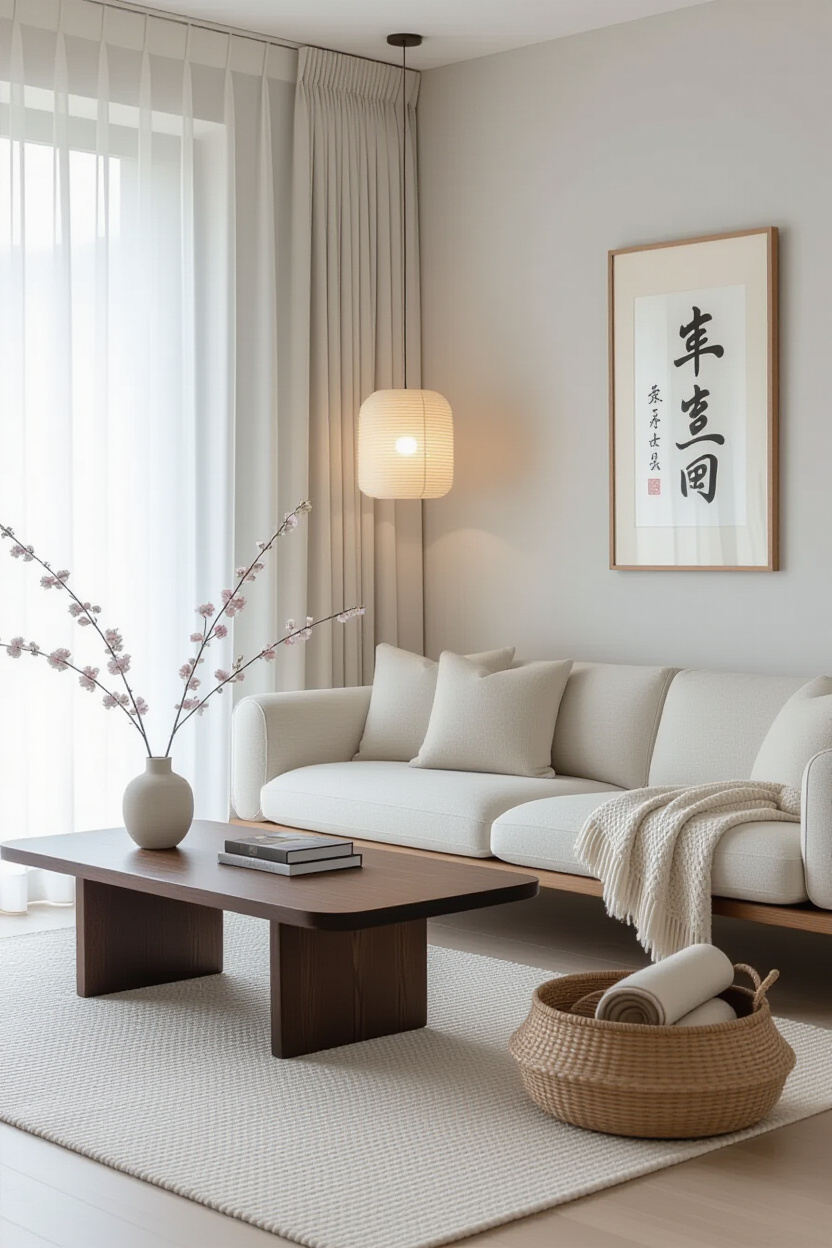 japandi living room design, japandi interior design, japandi living room design sofas, living room inspo, japandi living room design tv wall
