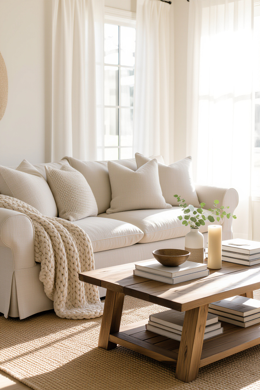 simple living room, small living room, living room inspiration, beige farmhouse living room, long living room layout