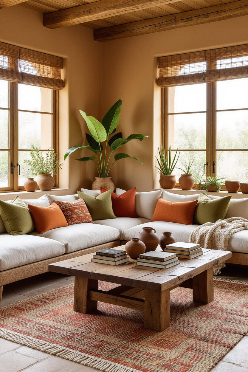 earthy retro living room, earth tone living room, earthy organic living room, earthy old world living room, earthy home living room