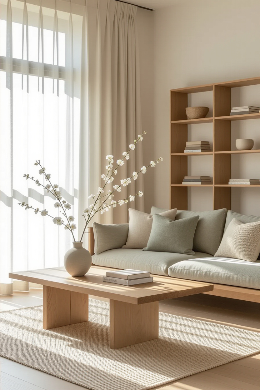 japandi interior design, japandi living room design, japandi living room wallpaper, japandi tv room design, green japandi living room
