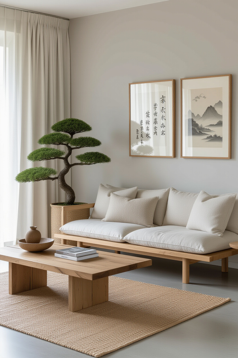 japandi living room design, japandi interior design, japandi sofa living room, living room decor japandi, minimal japandi living room