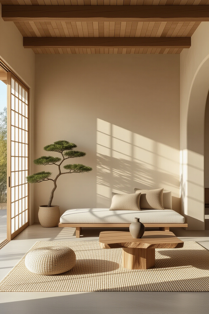 japandi interior design, japandi living room, plant living room aesthetic modern, japandi living room design coffee tables, japandi living room decor