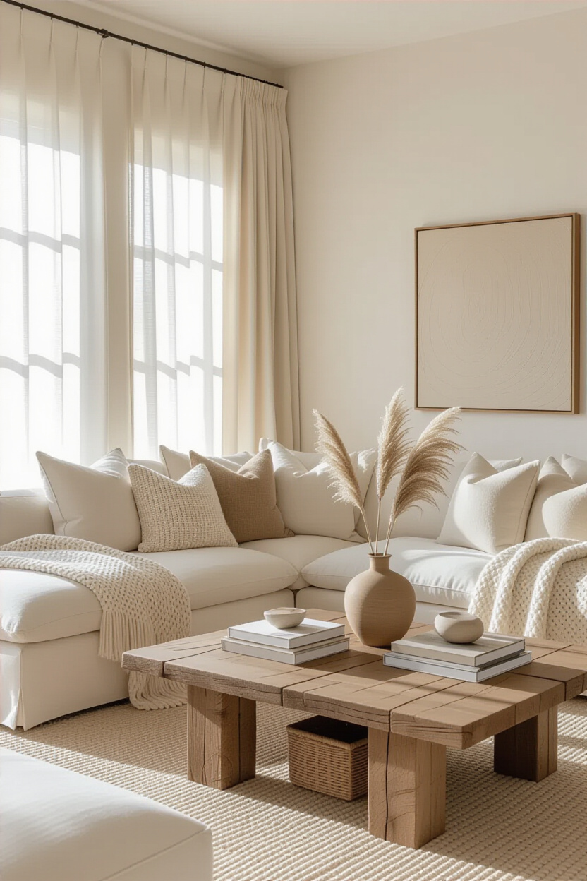 neutral living room ideas, neutral living rooms, beige family room, earthy living room, dark couch living room ideas