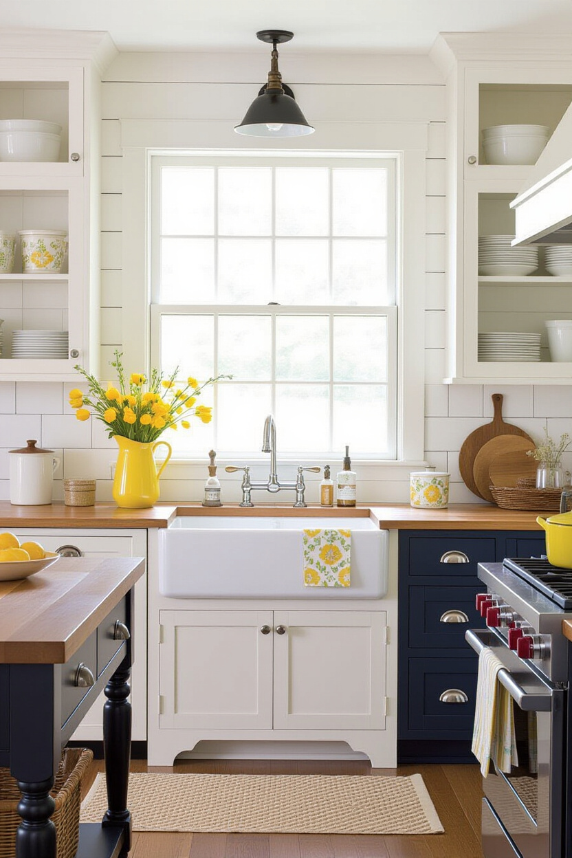 white upper cabinets, two tone kitchen, oak kitchen cabinets, half blue kitchen cabinets, kitchen dark and light cabinets