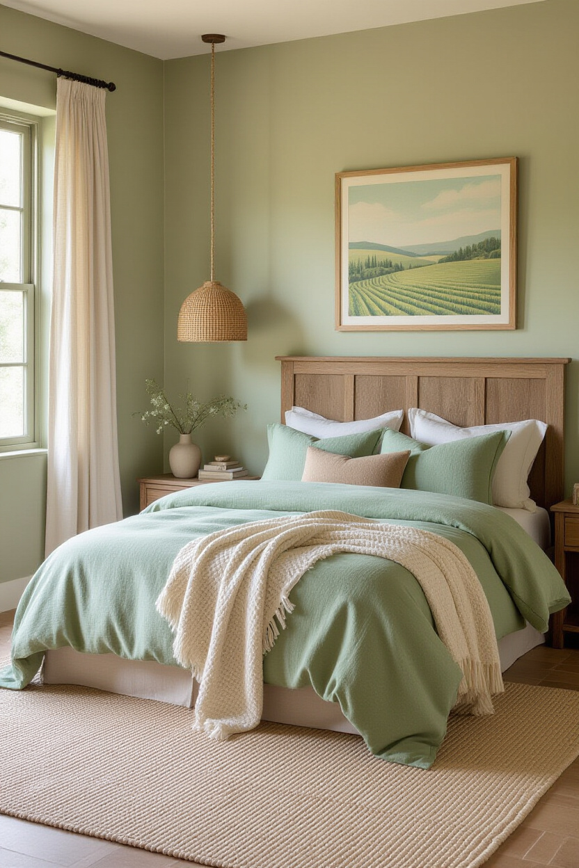 sage bedroom, light green bedrooms, dulux sage green bedroom, bedroom with evergreen fog, bedroom decor cozy