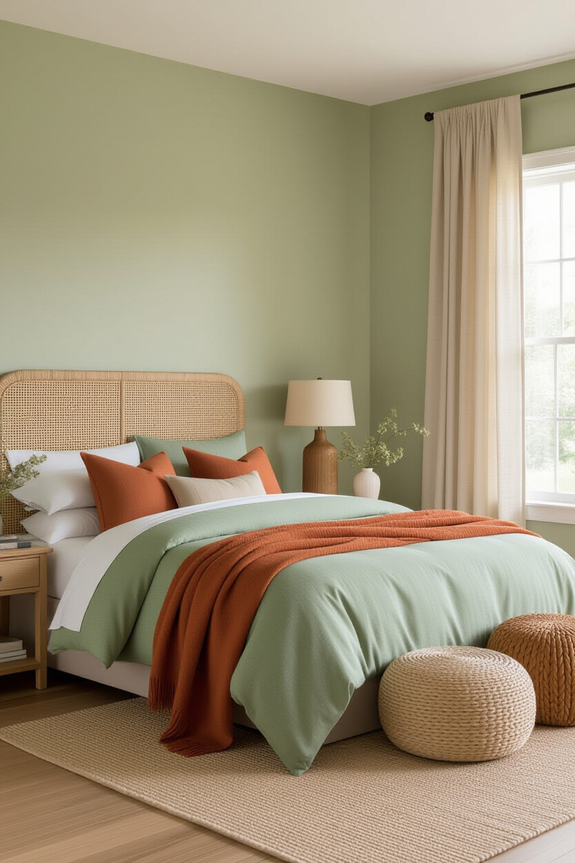 sage green bedroom, sage green walls, sage green cream bedroom, sage farmhouse bedroom, bedroom green walls ideas